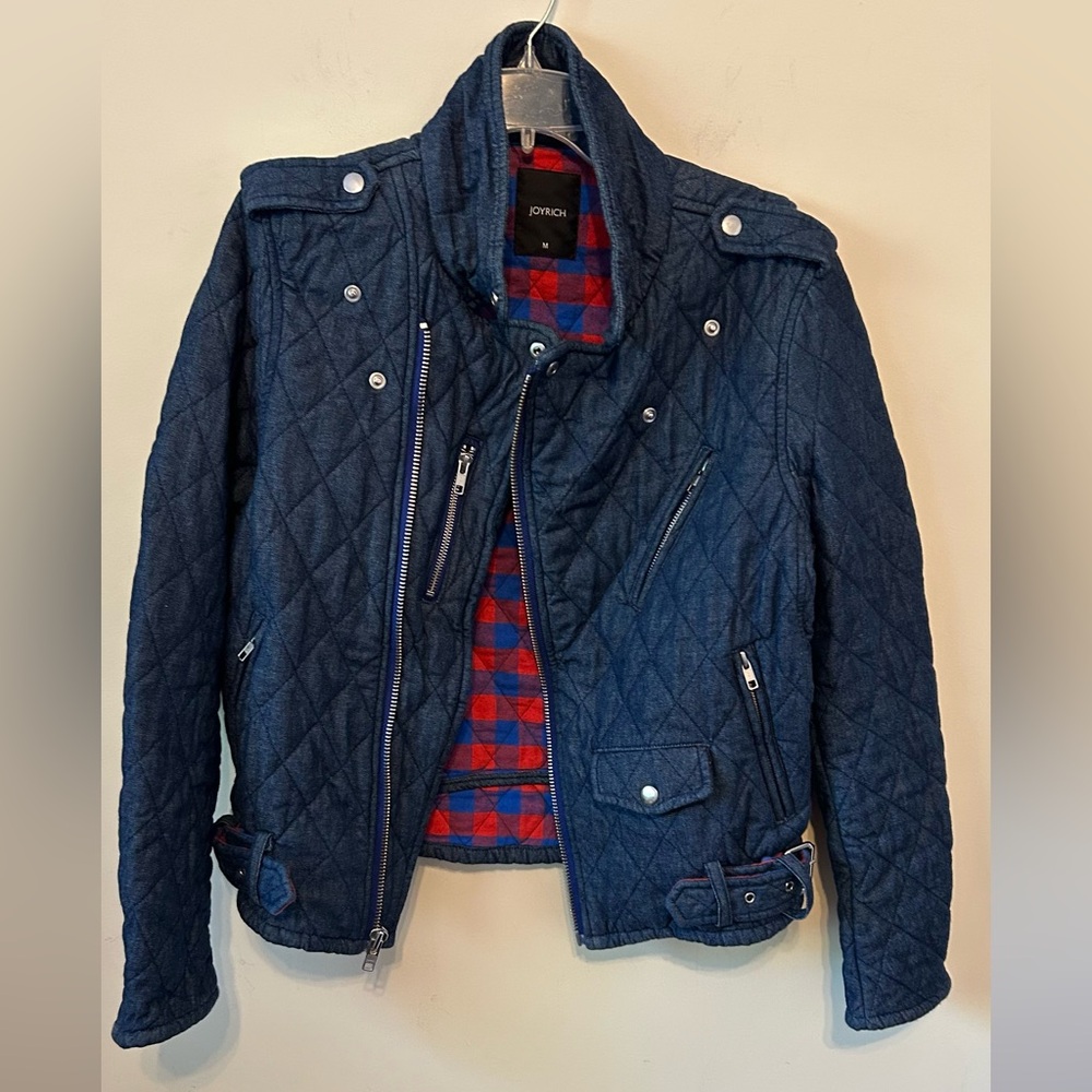 Joyrich Quilted Denim Moto‎ Jacket Red Plaid Lining Heavy Size Medium. EUC
